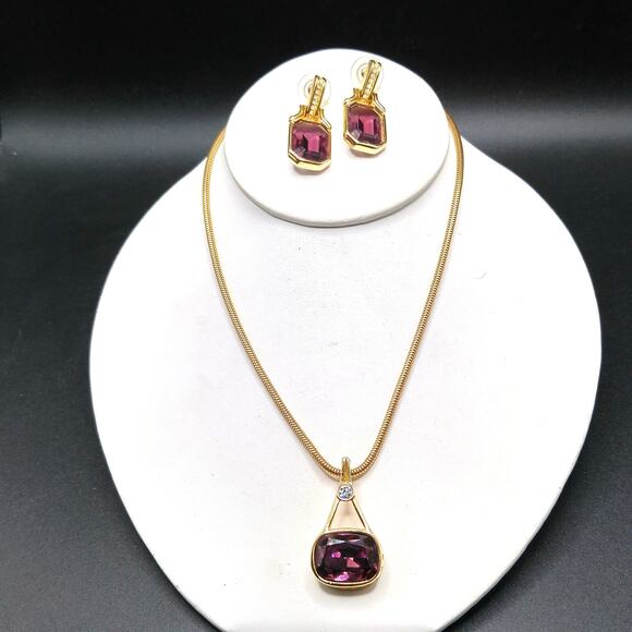 Vintage Swarovski Purple Crystal Pendant Necklace & Earrings, Monet Chain, 1990s - Picture 3 of 10